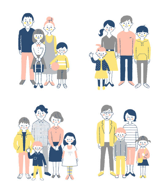 illustrazioni stock, clip art, cartoni animati e icone di tendenza di quattro famiglie nucleari in piedi con un sorriso - full length child mother white background