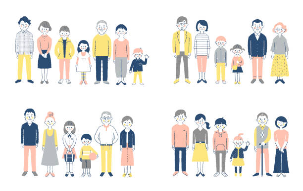 illustrazioni stock, clip art, cartoni animati e icone di tendenza di quattro serie di famiglie di tre generazioni in piedi con sorrisi - full length child mother white background