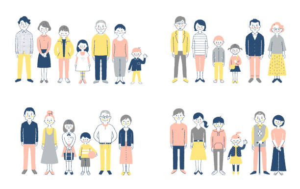 미소를 지으며 서 있는 3세대 가족 4세트 - senior men age contrast father multi generation family stock illustrations