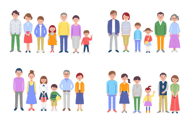 미소를 지으며 서 있는 3세대 가족 4세트 - senior men age contrast father multi generation family stock illustrations