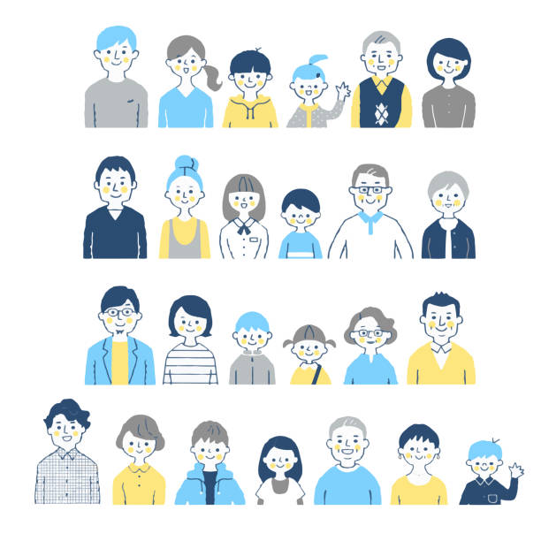 illustrazioni stock, clip art, cartoni animati e icone di tendenza di 4 paia di famiglie di terza generazione sorridenti (busto) - multi generation family illustrations