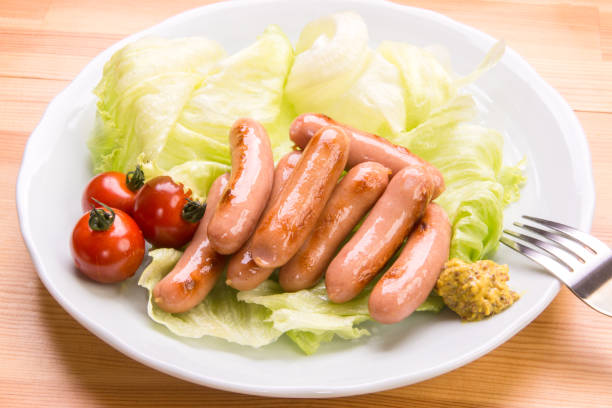wiener sausage and grain mustard - japanese mustard imagens e fotografias de stock
