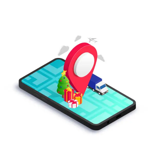 Vector illustration of Christmas Gift delivery isometric concept phone