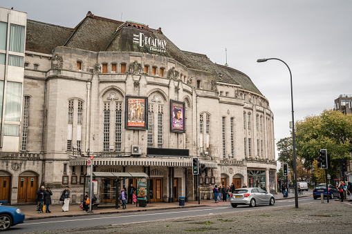 London, United Kingdom -  October 2019 : Facade of The Art Deco design Broadway Theatre, formerly known as the Lewisham Theatre, Catford, Lewisham borough