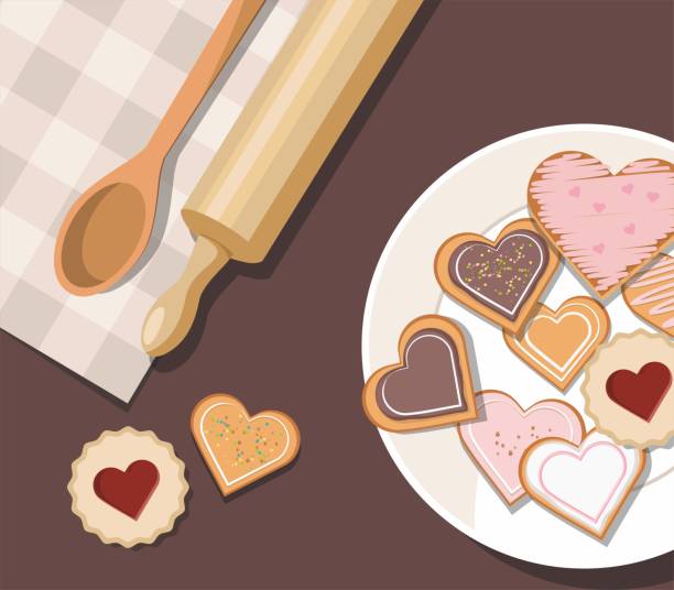 Decorated heart shaped cookies with glaze, top view. Valentine's day. Decorated heart shaped cookies with glaze, top view. Valentine's day. Vector rolling dough stock illustrations