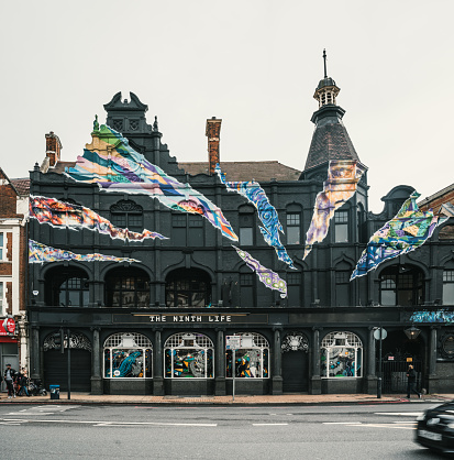 London, United Kingdom -  October 2019 : Landmark colourful The Ninth Life pub, multi-roomed, multi-levelled venue in The Catford Centre in Lewisham