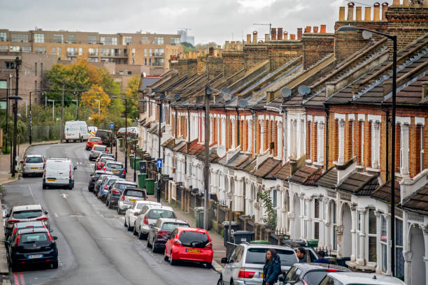 Victorian houses on residential road in London London, United Kingdom -  October 2019 : Traditional Victorian English architecture on a quiet residential street in Catford, Lewisham borough borough district type photos stock pictures, royalty-free photos & images