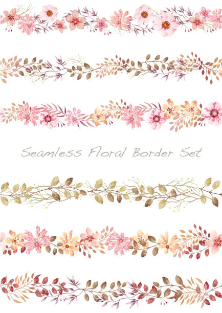 бесшовная акварель цветочный пограничный набор, векторная иллюстрация. - flower bed stock illustrations
