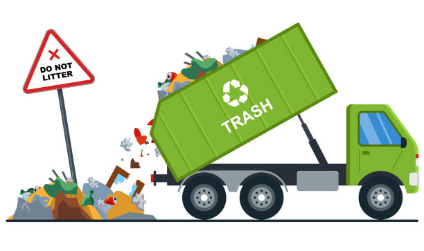 truck throws garbage in the wrong place truck throws garbage in the wrong place. pollution of nature. flat vector illustration garbage dump stock illustrations