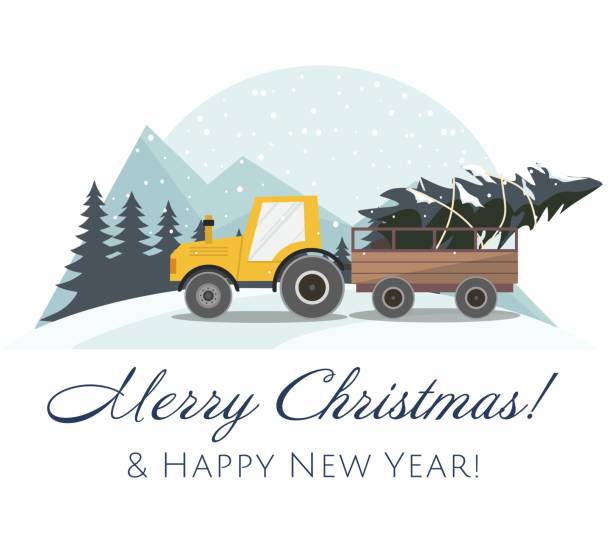 ilustrações de stock, clip art, desenhos animados e ícones de new year and merry christmas card. yellow christmas tractor with a trailer and with fir tree. winter landscape. - wintry landscape snow fir tree winter