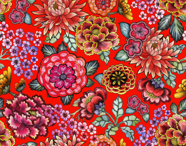 istock Asian seamless pattern with Japanese carp, Chinese cherry blossom, oriental fans Japanese lantern. Painted watercolor illustration with traditional symbols of Asia 1190553139