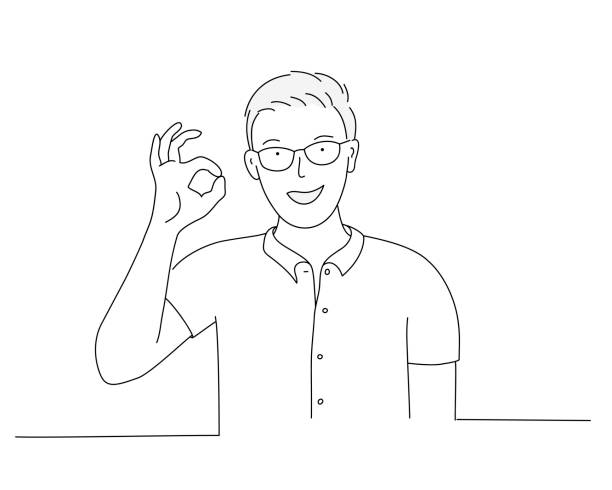 Man showing okay gesture. Line drawing vector illustration. one young man only stock illustrations
