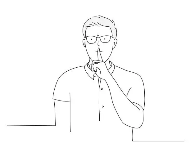 Vector illustration of Man asking silence. Silence please. Man closed his mouth by hand. Man shut his mouth.