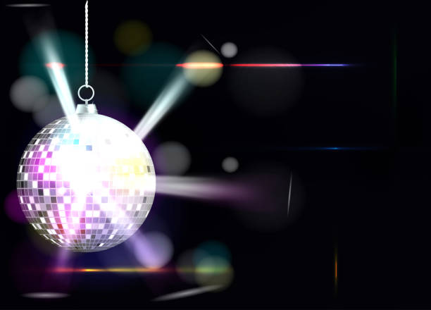 illustrazioni stock, clip art, cartoni animati e icone di tendenza di immagine vettoriale realistica della palla disco d'argento con bagliori di colore brillante. inviti per feste - disco ball sunbeam evening ball design