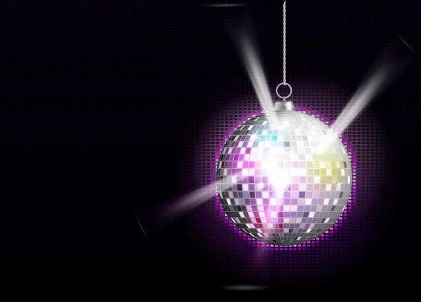 illustrazioni stock, clip art, cartoni animati e icone di tendenza di immagine vettoriale realistica della palla disco d'argento con bagliori di colore brillante. inviti per feste - disco ball sunbeam evening ball design