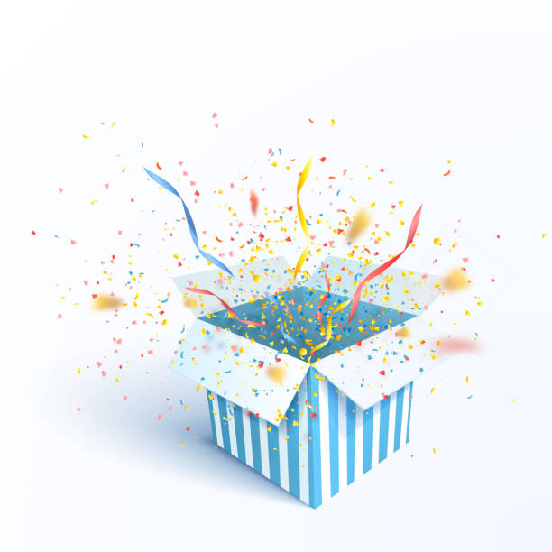 ilustrações de stock, clip art, desenhos animados e ícones de open gift box with confetti burst explosion isolated. - two dimensional shape paper exploding nobody