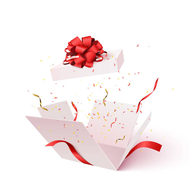 Open gift box with confetti burst explosion isolated. Open gift box with confetti burst explosion isolated. 3d vector background. birthday present stock illustrations