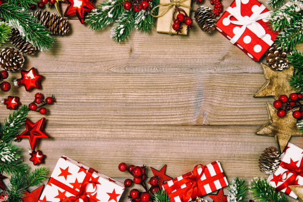 istock Christmas tree branches red ornaments gift boxes Vintage 1190563004
