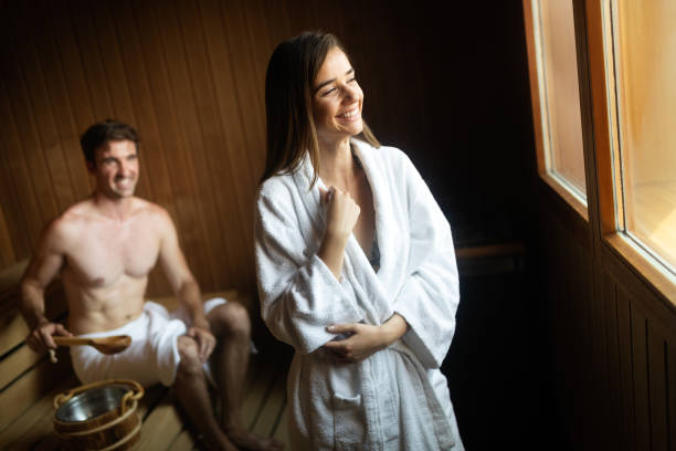 istock Happy couple having a steam bath in a sauna 1190564226