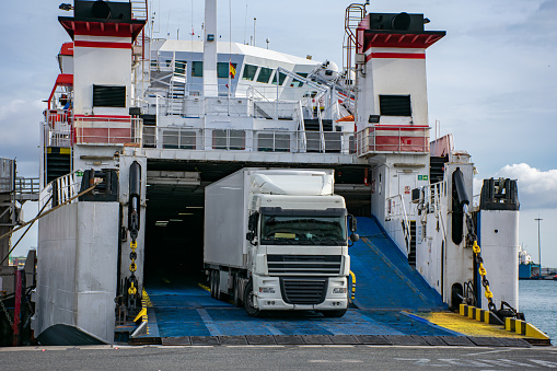 Trucks embarking on a ferry