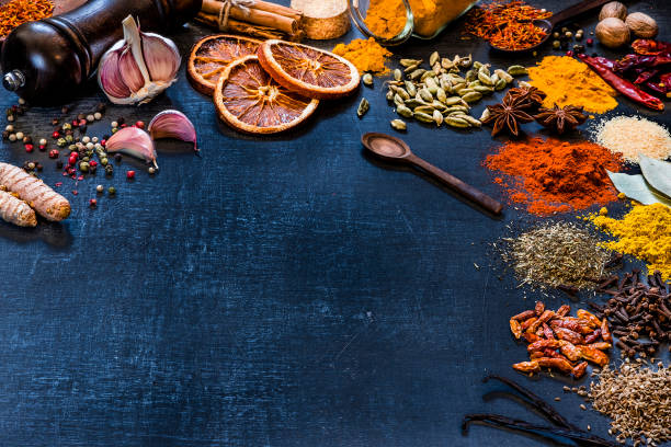 istock Various kinds of multicolored spices on a dark grey backdrop 1190568835