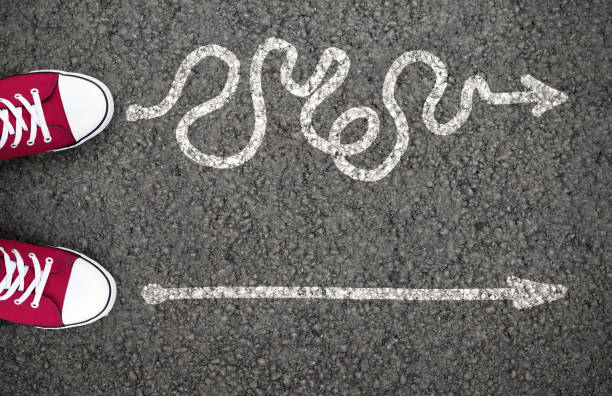 Easy and hard path, difficult and simple strategy Hard Or Easy Way With Directional Arrows Pointing Two Directions Meaning Difficult And Simple Strategy no brainer sign stock pictures, royalty-free photos & images