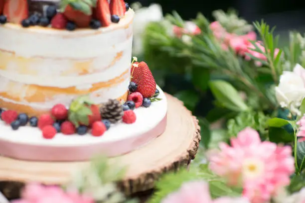 Wedding Cake With Many Fruits, Berry, flowers.