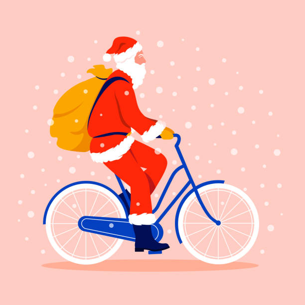 illustrations, cliparts, dessins animés et icônes de santa claus monte un vélo avec un sac de cadeaux sous les chutes de neige. noël. - père noel à vélo