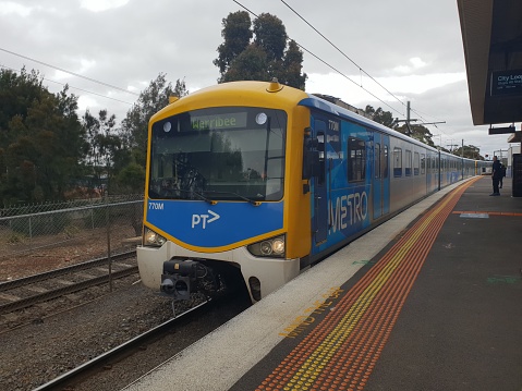 A metro train arriving at Werribee Station.