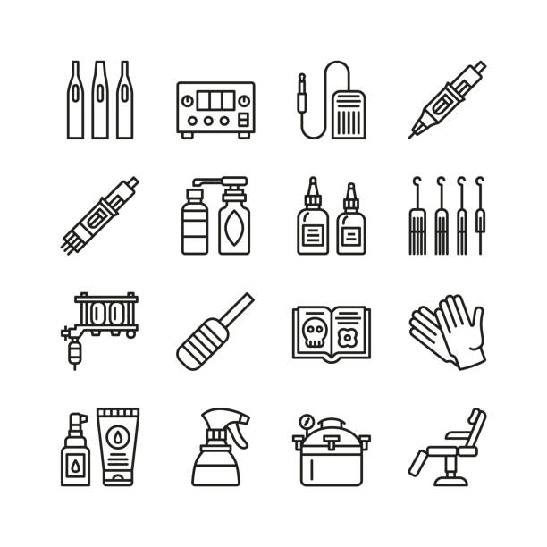 ilustrações, clipart, desenhos animados e ícones de conjunto de ícones da linha de equipamentos de tatuagem. coleção de ferramentas planas. - digester