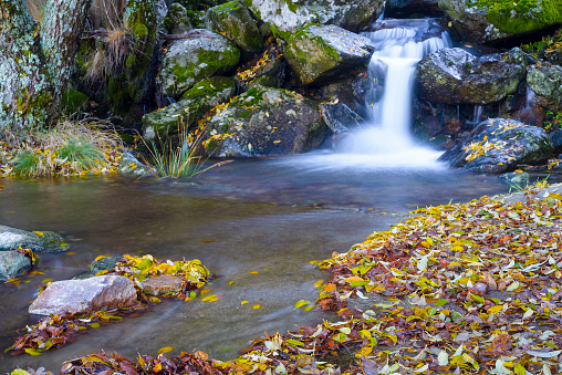 Waterfall Magic autumn in the Ambroz valley. Colors of trees in autumn in northern Extremadura. Hervas mountain