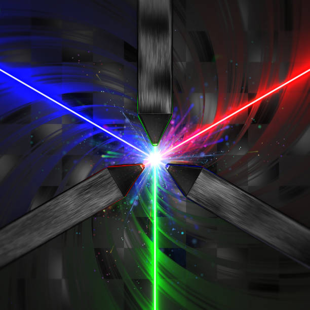 Three scientific lasers emitting RVB light with an explosion of colorful particles on the center 3d rendered image photon stock pictures, royalty-free photos & images