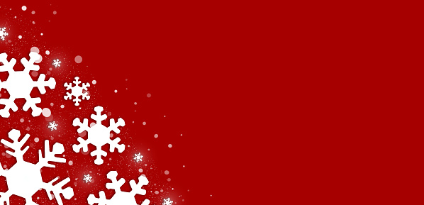 Amazing big Christmas and New year banner with snowflakes and snowfall on holiday red background. Angles border frame. Copy space.