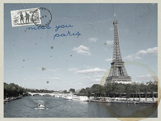 istock Vintage Paris postcard with coffee stain and stamp 119057973