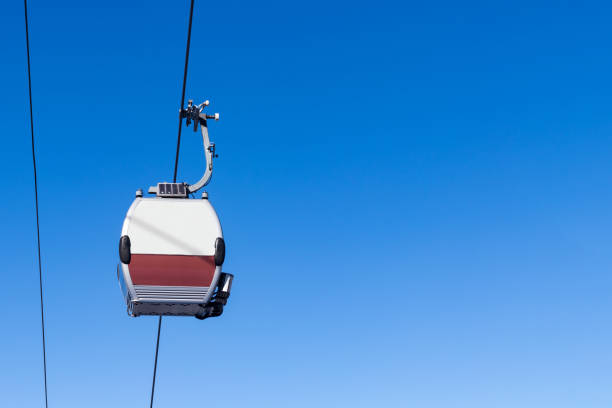Closed cableway cabin in the air. Against the background of blue sky. Copy space to the right. Bottom view