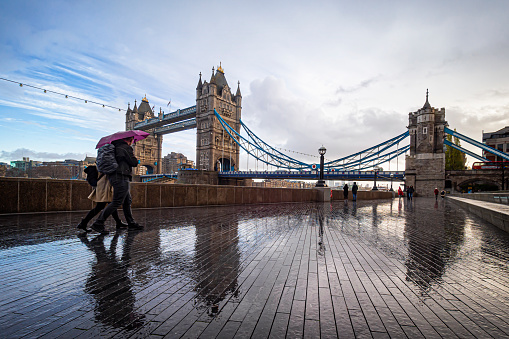Morning scene in a rainy day in London at Tower Bridge