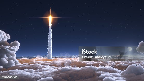 istock Rocket flies through the clouds 1190582403