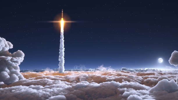 Rocket flies through the clouds Rocket flies through the clouds on moonlight 3d illustration orbiting stock pictures, royalty-free photos & images