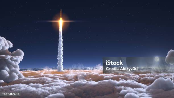 Rocket Flies Through The Clouds Stock Photo - Download Image Now - Missile, Taking Off - Activity, Outer Space