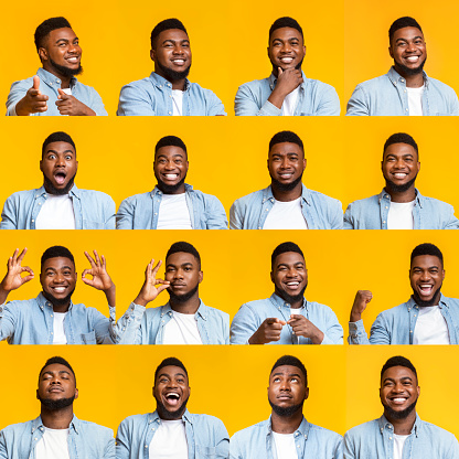 Collage of millennial african american man portraits with different emotions and gestures on yellow background