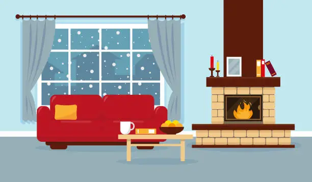 Vector illustration of Living room with window, fireplace and sofa. Vector design illustration.