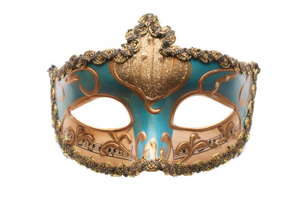 blaue venezianische theatermaske mit noten und golddekorationen auf weißem hintergrund isoliert - opera music mask carnival stock-fotos und bilder