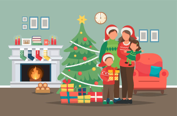 ilustrações de stock, clip art, desenhos animados e ícones de family with christmas tree and interior. decorated fireplace. cute vector illustration in flat style - family christmas