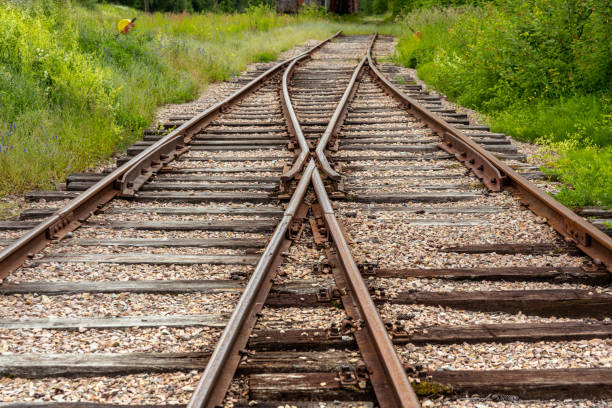 istock Old railway track with switch and wooden ties 1190585909