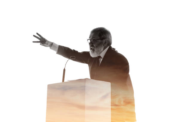 istock Speaker, coach or chairman during politician speech on white background 1190587382