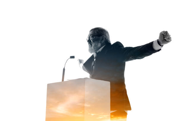 istock Speaker, coach or chairman during politician speech on white background 1190587395