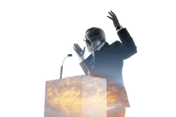 istock Speaker, coach or chairman during politician speech on white background 1190587413