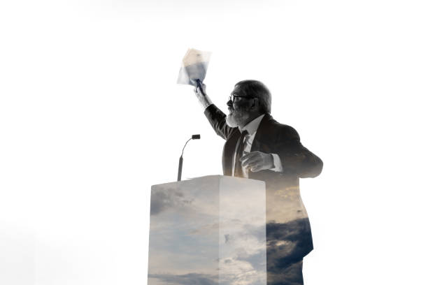 istock Speaker, coach or chairman during politician speech on white background 1190587414