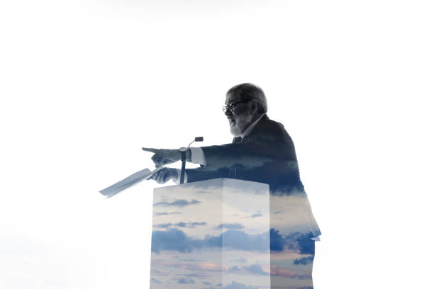 istock Speaker, coach or chairman during politician speech on white background 1190587418