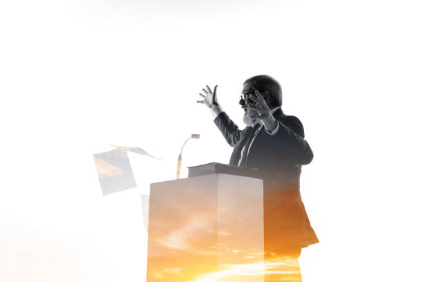 istock Speaker, coach or chairman during politician speech on white background 1190587433